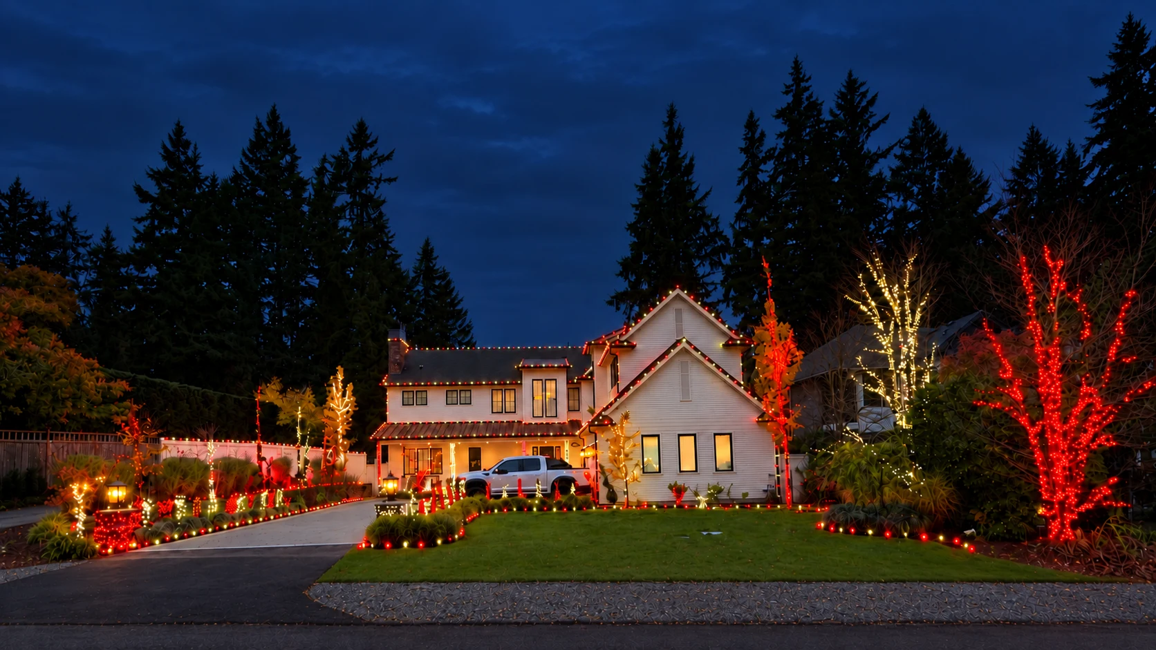 Large custom Christmas lighting installation with roofline, tree, and landscape lights, edited for a nighttime appearance